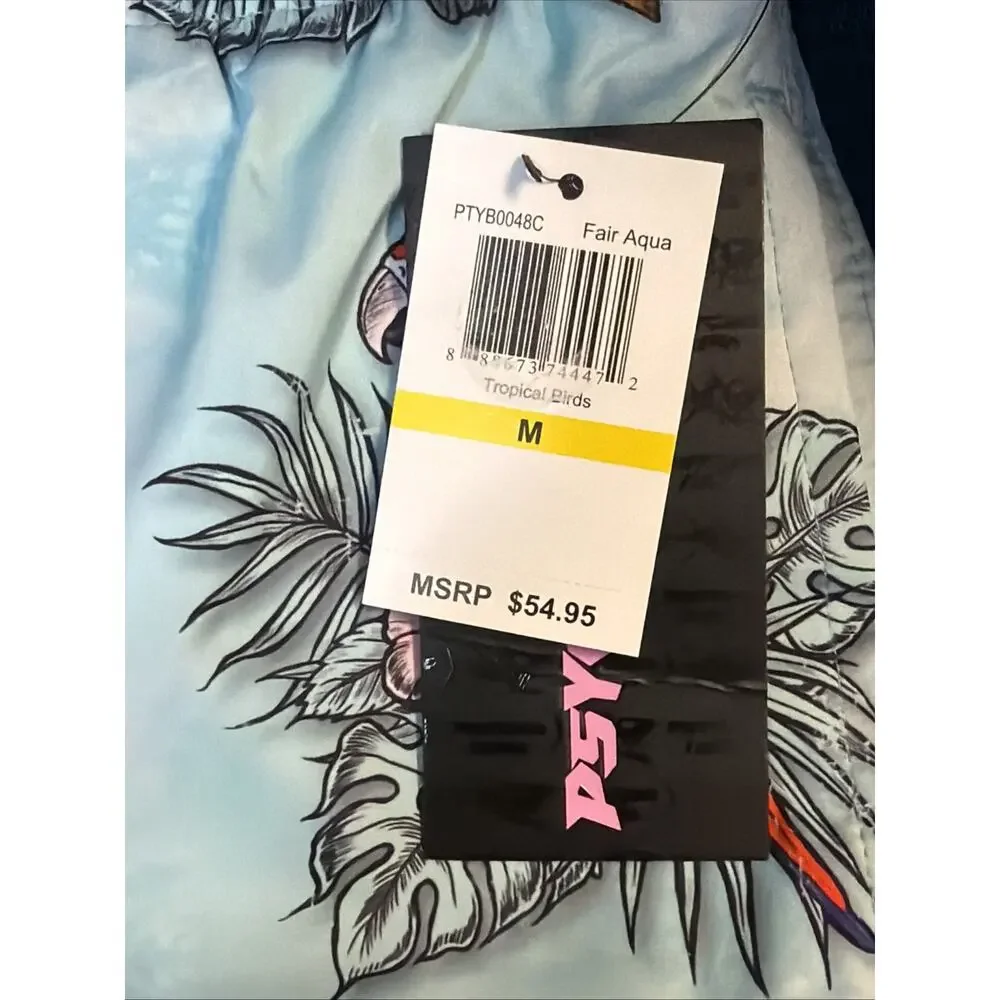 Psycho Tuna Tropical Birds Swim Trunks Men's Medium Aqua Parrot Beach Resort NWT